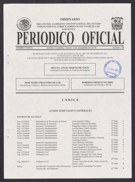 Official Newspaper of the State of Coahuila de Zaragoza; Tomo 126, Número — No identificado