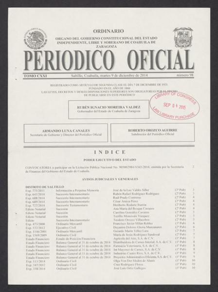 Official Newspaper of the State of Coahuila de Zaragoza; Tomo 121, Número — No identificado