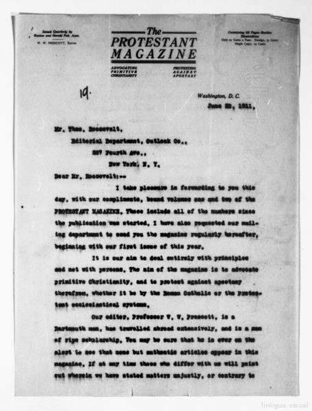 Carta del Protestant Magazine a Theodore Roosevelt — No identificado