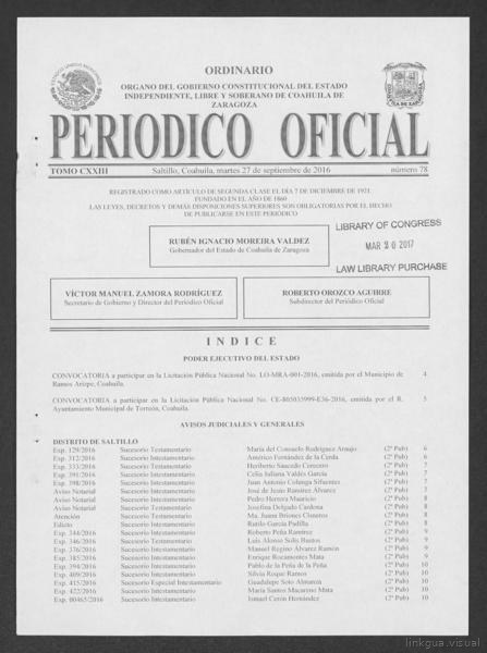 Periódico Oficial del Estado de Coahuila de Zaragoza Tomo CXXIII Número 78