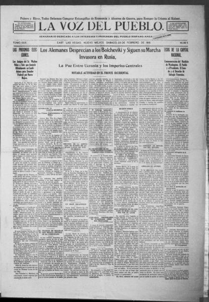 La voz del pueblo (Santa Fe, Nuevo México;Las Vegas, N.M.), February 23 — No identificado