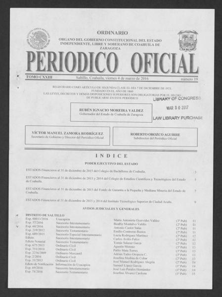 Official Newspaper of the State of Coahuila de Zaragoza; Tomo 123, Número — No identificado