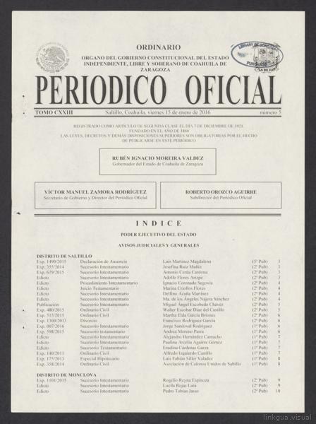 Official Newspaper of the State of Coahuila de Zaragoza; Tomo 123, Número 5