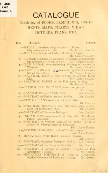 Catálogo de la exposición colonial de la Sociedad Histórica Luisiana y exposición prestada de miembros y amigos — No identificado