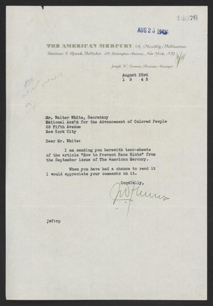 NAACP Legal Defense and Educational Fund Records: Subject File, 1929-1968; Detroit riot of 1943, Detroit, Mich.; Press; Clippings, 1943; of — No identificado