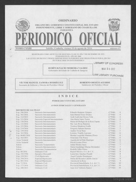 Official Newspaper of the State of Coahuila de Zaragoza; Tomo 123, Número 67