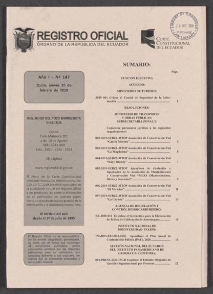 Official Register of Ecuador; Año 1, no — No identificado