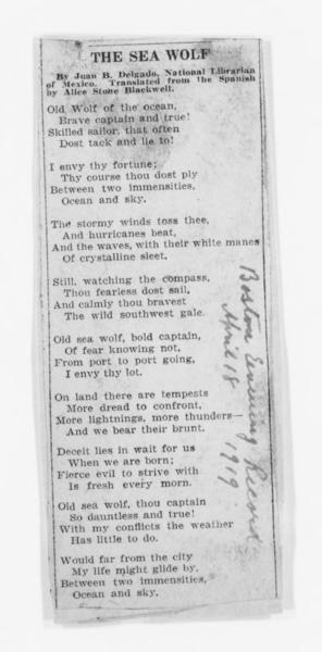 Blackwell Family Papers: Alice Stone Blackwell Papers, 1848-1957; Subject File, 1870-1957; Spanish-American poems translated by Blackwell; of — No identificado