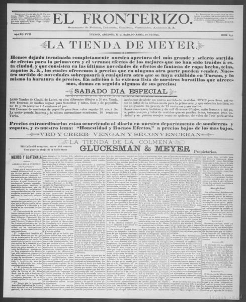 El fronterizo (Tucson, Ariz.), April 20, 1895