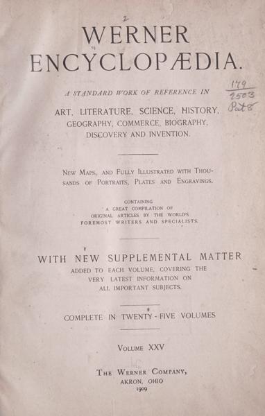 [(Vol. 25, Index)] Werner encyclopædia. A standard work of reference in art, literature, science, history, geography, commerce, biography, discovery and invention — No identificado