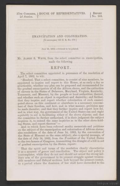 Informe de la Cámara de Representantes emancipación y colonización julio 1862