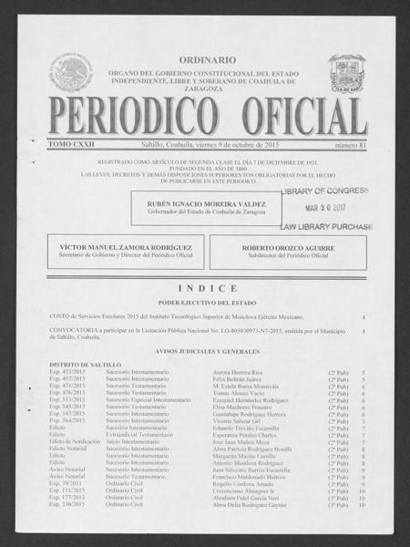 Official Newspaper of the State of Coahuila de Zaragoza; Tomo 122, Número — No identificado
