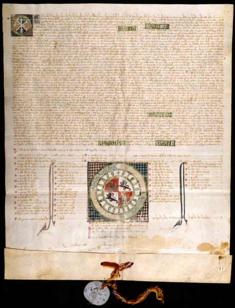 "Privilegio Rodado," Confirming the Change of the Estate of Mejorada, in Terms of a Tax, for Vineyards in Valladolid, Made Between the Royal Monastery of Santa Maria, Valladolid, and Fernán Rodríguez, Chamberlain of Prince D. Pedro — No identificado