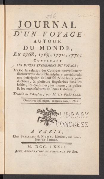 Journal d'un voyage autour du monde, en 1768, 1769, 1770, 1771; contenant les divers événemens du voyage; — No identificado