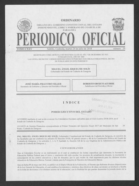 Official Newspaper of the State of Coahuila de Zaragoza; Tomo 125, Número — No identificado