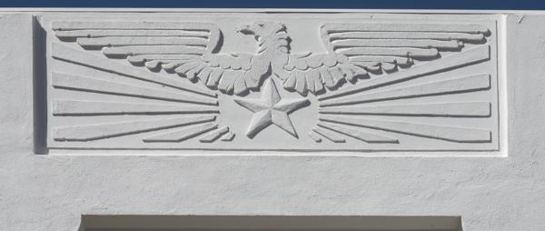 Detail from a downtown bank building in Marfa, in Presidio County, Texas — No identificado
