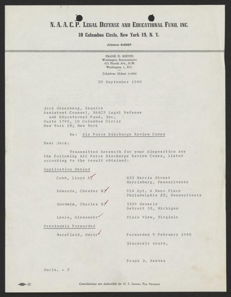 NAACP Legal Defense and Educational Fund Records: Subject File, 1929-1968; Soldier troubles; Discharges; Reeves, Frank; Discharge review cases; Air Force, 1954-1960 — No identificado