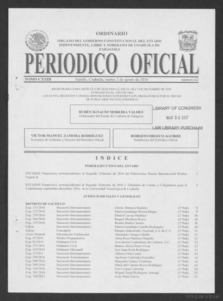 Oficial Newspaper of the State of Coahuila de Zaragoza; Tomo 123, Número 62