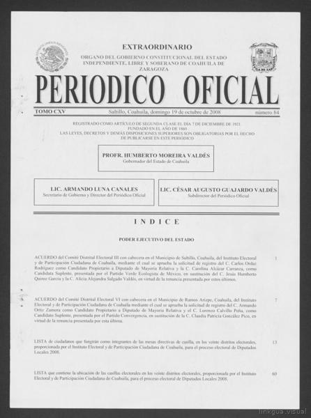 Periódico Oficial del Estado de Coahuila de Zaragoza Tomo 115 Número 84 Extraordinario