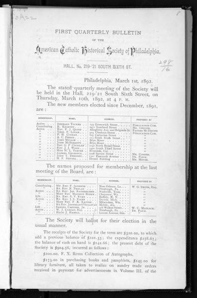 Quarterly bulletin of the American Catholic Historical Society of Philadelphia, Pa — No identificado