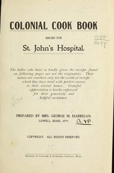 Colonial cook book; issued for St. John's hospital — No identificado