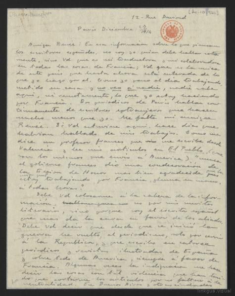 Vicente Blasco Ibáñez correspondence — No identificado