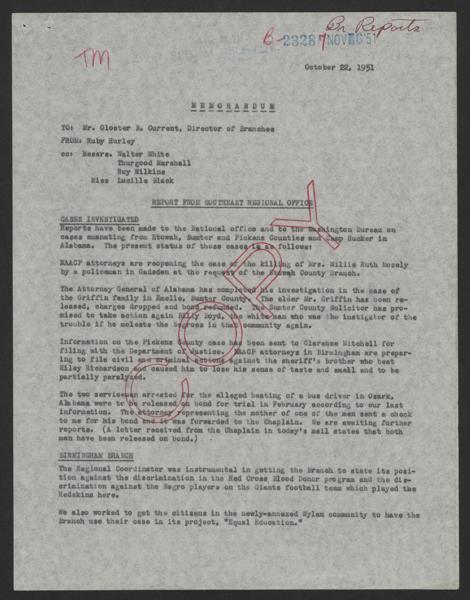 NAACP Legal Defense and Educational Fund Records: Office File, 1939-1968; NAACP; Southeast Regional Office; Hurley, Ruby, 1951-1955 — No identificado