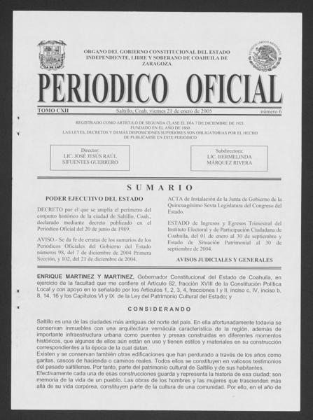 Official Newspaper of the State of Coahuila de Zaragoza; Tomo 112, Número — No identificado