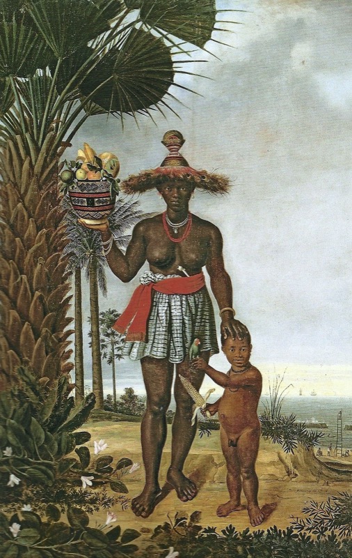 Mujer africana con su hijo en paisaje tropical