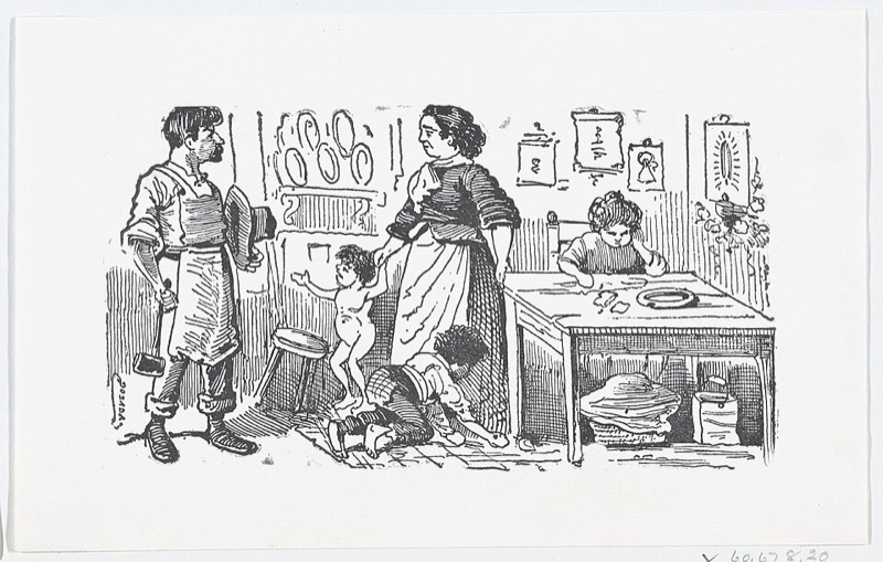 Escena doméstica que muestra a una familia en un interior