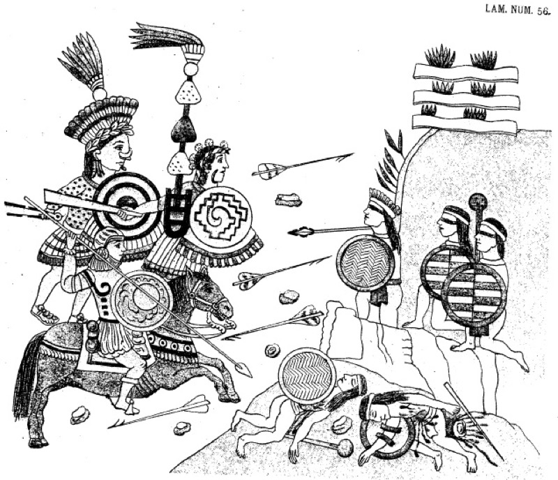 Escena de combate entre guerreros aztecas y españoles