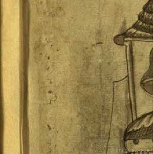 Detalle de grabado antiguo: Figura con tocado elaborad