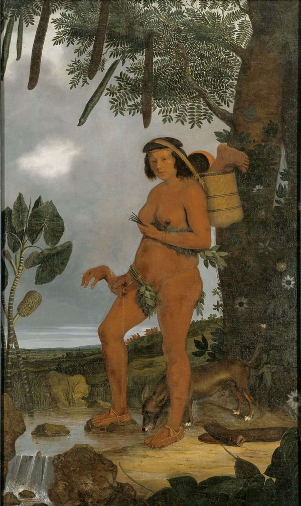 Figura indígena con perro y plantas — Albert Eckhout