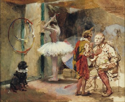 La intimidad del camerino: bailarina, payasos y perro — Arturo Michelena