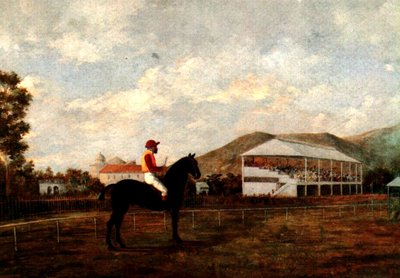 Hipódromo de Maiquetía: jinete y caballo ante la tribuna — Arturo Michelena