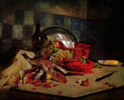 Bodegón de mariscos y pescados frescos sobre la mesa — Arturo Michelena