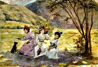 Ocio campestre: tres damas con sombreros y su perro — Arturo Michelena