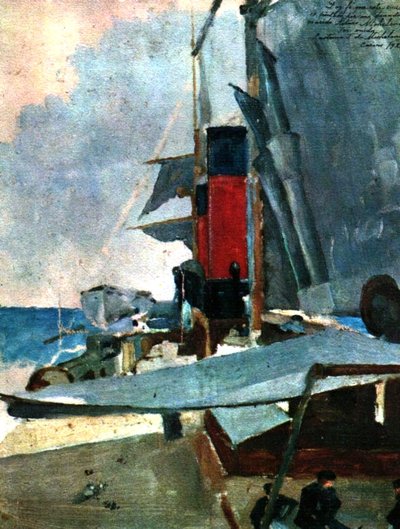 Barco de vapor en puerto: formas audaces y chimenea roja — Arturo Michelena
