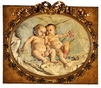 Los niños Landeta: Retrato de dos bebés desnudos en cama — Arturo Michelena