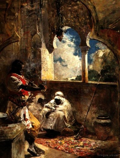 El Árabe: dos figuras en interior oriental, sirviendo bebida — Arturo Michelena