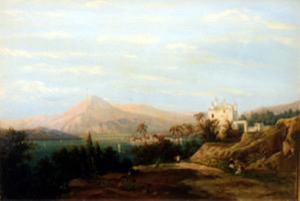 Paisaje con estructura blanca y montañas — Víctor Patricio de Landaluze