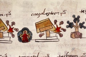 Fragmento de códice con glifos aztecas y escritura pictográfica