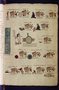 Página del Códice Selden (Bodleian Library), lámina sobre tributo y comercio — Anónimo mixteco