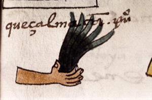 Mano sosteniendo plumas de quetzal con inscripción náhuatl — Anónimo mixteco