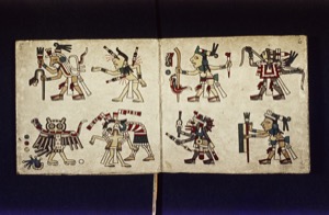 Páginas de códice mesoamericano con figuras antropomorfas y zoomorfas — Tlacuilo anónimo, tradición mixteca