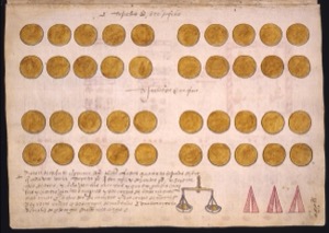Ilustración de monedas y elementos de contabilidad — Anónimo novohispano (Códice Kingsborough)