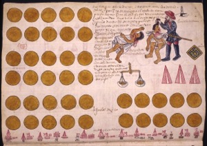 Páginas de tributo en códice colonial — Anónimo novohispano (Códice Kingsborough)
