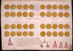 Ilustración de ábaco o sistema de cálculo con monedas — Anónimo novohispano (Códice Kingsborough)