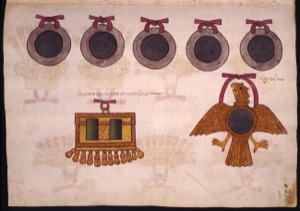 Representación de insignias y objetos preciosos de la nobleza mexica — Anónimo novohispano (Códice Kingsborough)