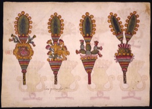 Representación de ofrendas florales y ornamentales en vasijas — Anónimo novohispano (Códice Kingsborough)